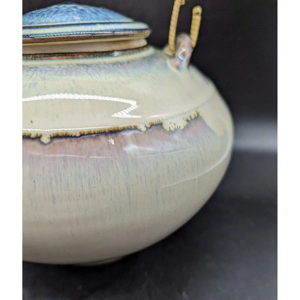 Bill Campbell Art Pottery Tea Pot Bamboo Handle 6‎ cup Blues Beige Unsigned